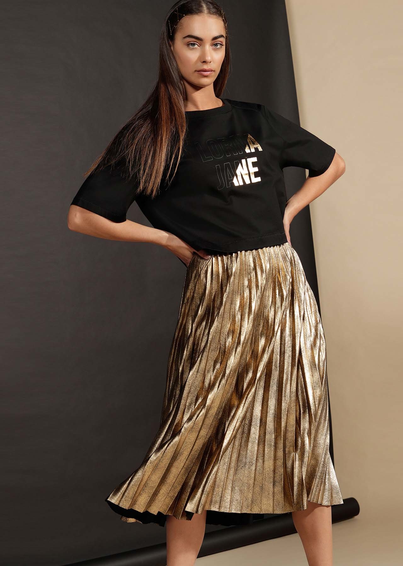 Gold brown pleated skirt best sale